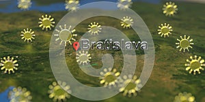 Bratislava city and sunny weather icon on the map, weather forecast related 3D rendering