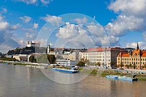 Bratislava, City view, castle from the Danube river, Slovakia