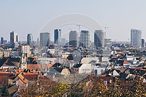 Bratislava city view with historical center and modern business district construction