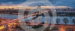 Bratislava Cityscape with New Bridge at Sunrise