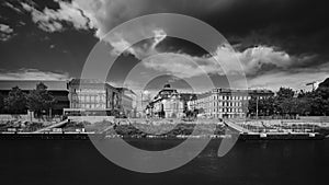 Bratislava cityscape panorama with Danube river and Reduta building in black and white, Slovakia