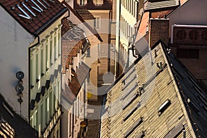 Bratislava. Elevated view of red rooftops and facades in old cit photo