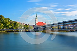 Bratislava old town and Saint Martin cathedral over Danube river, Slovakia