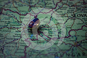 Bratislava pinned on a map with flag of Slovakia