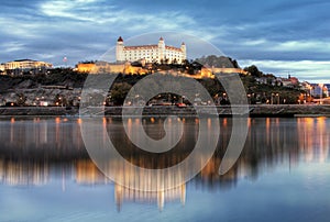 Bratislava skyline at night with castle, Slovakia