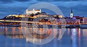 Bratislava skyline at night with castle, Slovakia