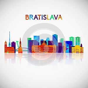 Bratislava skyline silhouette in colorful geometric style.