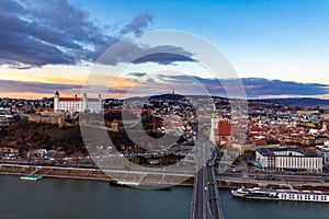 Bratislava, Slovakia: aerial panorama of the old city center at sunset