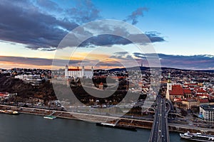 Bratislava, Slovakia: aerial panorama of the old city center at sunset