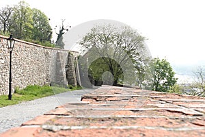 Bratislava, Slovakia - April, 2011: wide stone wall in park with green trees near Bratislava Castle.