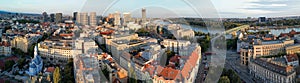 Bratislava, Slovakia - August 26, 2022: Aerial view of city center at sunset. Panoramic viewpoint from drone