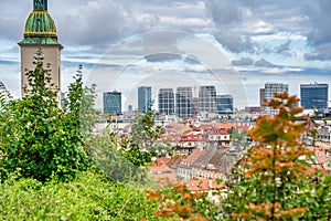 Bratislava, Slovakia - August 23, 2022: Aerial view of city skyline from Bratislava Castle