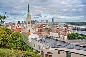 Bratislava, Slovakia - August 23, 2022: Aerial view of city skyline from Bratislava Castle