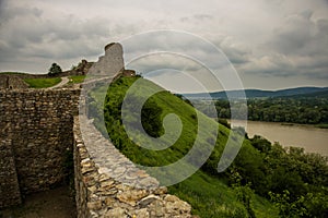 BRATISLAVA, SLOVAKIA: Beautiful landscape with Devin castle, mountais and Danube river