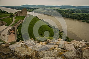 BRATISLAVA, SLOVAKIA: Beautiful landscape with Devin castle, mountais and Danube river