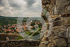 BRATISLAVA, SLOVAKIA: Beautiful landscape with hills, trees, meadows and village houses near the fortress- Devin Castle