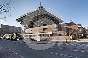 The Slovak Radio Building (Budova Slovenskeho rozhlasu) shaped like an upside down