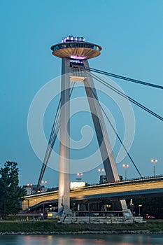 Night view on UFO observation desk of new bridge Most SNP over Danube river in Bratislava