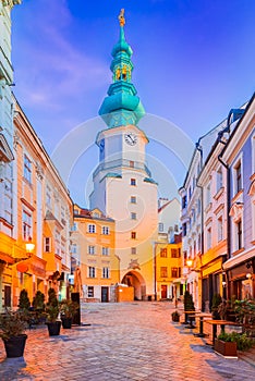 Bratislava, Slovakia. Michael\'s Gate tower, street in the Old Town