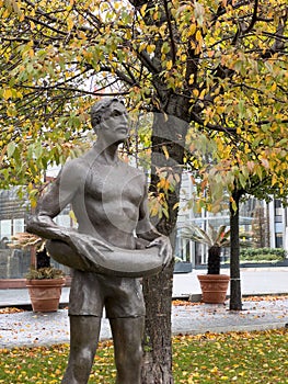 Bratislava, Slovakia - November 2023: Bronze sculpture of the giant Aric who can't swim