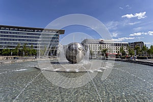 Planet of Peace Fountain in Bratislava on a sunny day