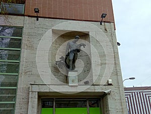 Bratislava, Slovakia, Prima bank, sculpture on the facade of the building