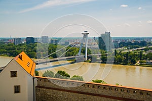 Bratislava,Slovakia: UFO bridge over Danube river in Bratislava. Beautiful landscape with views of the city from above