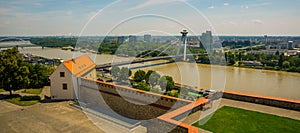 Bratislava,Slovakia: UFO bridge over Danube river in Bratislava. Beautiful landscape with views of the city from above