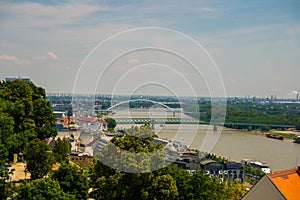 Bratislava,Slovakia: UFO bridge over Danube river in Bratislava. Beautiful landscape with views of the city from above