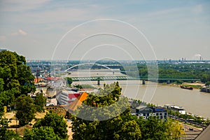 Bratislava,Slovakia: UFO bridge over Danube river in Bratislava. Beautiful landscape with views of the city from above