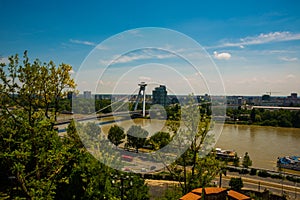 Bratislava,Slovakia: UFO bridge over Danube river in Bratislava, Slovakia