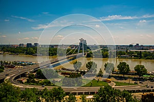 Bratislava,Slovakia: UFO bridge over Danube river in Bratislava, Slovakia