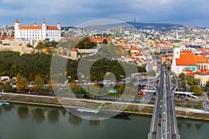 Bratislava town historical center with the Danube river