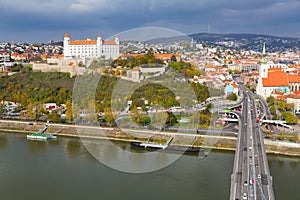 Bratislava town historical center with the Danube river