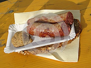 Brats and Gourmet Mustard on Bread in Vienna