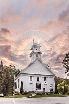 Old congregational church in Brattleboro in sunset light