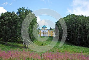 Brattsevo estate and Stroganov House on the mountain among the green trees in the southern Tushino.