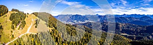 Brauneck mountain in autumn. Aerial Panorama. Lenggries, Bavaria, Germany. New Schroedlestein Ski Lift