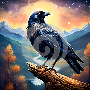A brautiful and charming crow, stands on a wood, mountains in the background, with the moonlight, starry sky, night, painting art