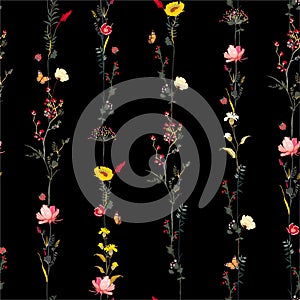 Brautiful dark garden night Seamless pattern in vector stylish illustration Stripe vertical row garden flower botanical  design