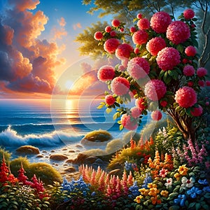 Brautiful flower bush, by waterside of a bkue sea, sunset time, fluffy clouds, rocks, painting art