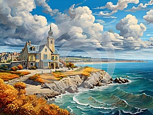 A brautiful landscape with brrathtaking coast, in a painting of Van Gogh style, cottages nearby, fluffy clouds, autumn scenery