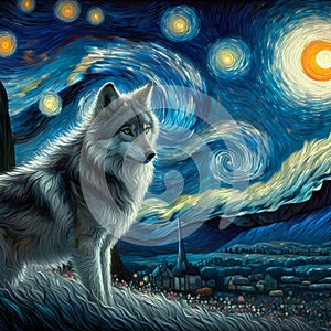 A brautiful wolf in a night with full moon, starry sky, digital painting art, Van Gogh style, animal art