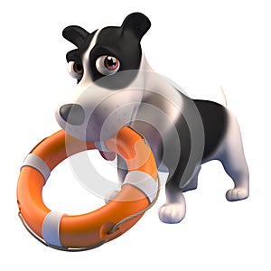 Brave 3d puppy dog comes to the rescue with a lifering life preserver, 3d illustration