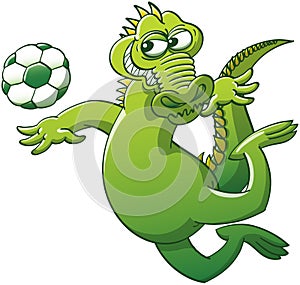 Brave alligator jumping to head a soccer ball