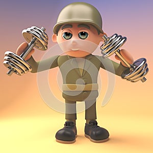 Brave army soldier is weight training with some weights, 3d illustration