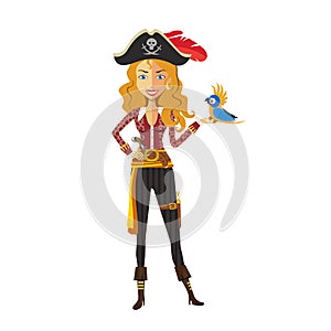 Brave blonde pirate girl on white background