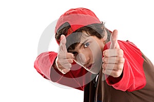 Brave boy shooting from thumbs up photo