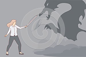 Brave business woman fights with imaginary dragon and holds sword, concept resisting competitor