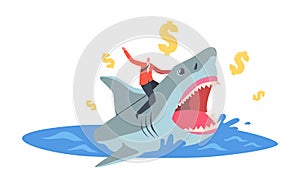 Brave Businessman Riding Dangerous Shark with Gold Dollar Signs around, Professional Entrepreneur Fight with Predator
